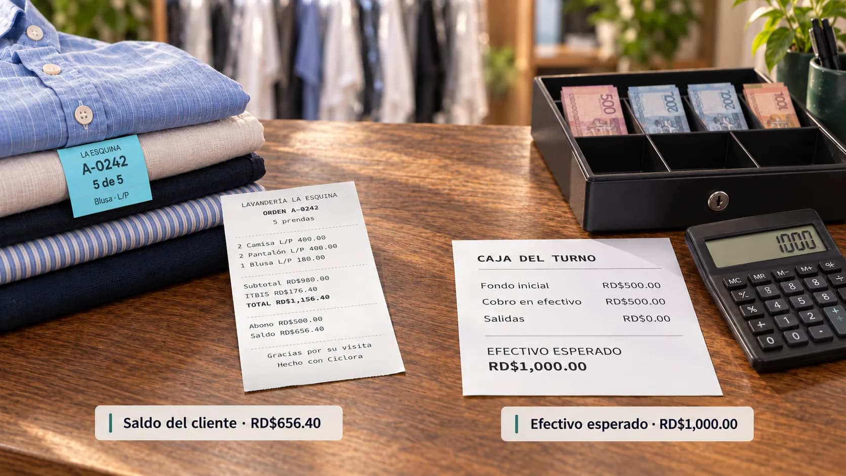 Recibo con saldo pendiente de RD$656.40 junto a hoja de caja y calculadora con efectivo esperado de RD$1,000.
