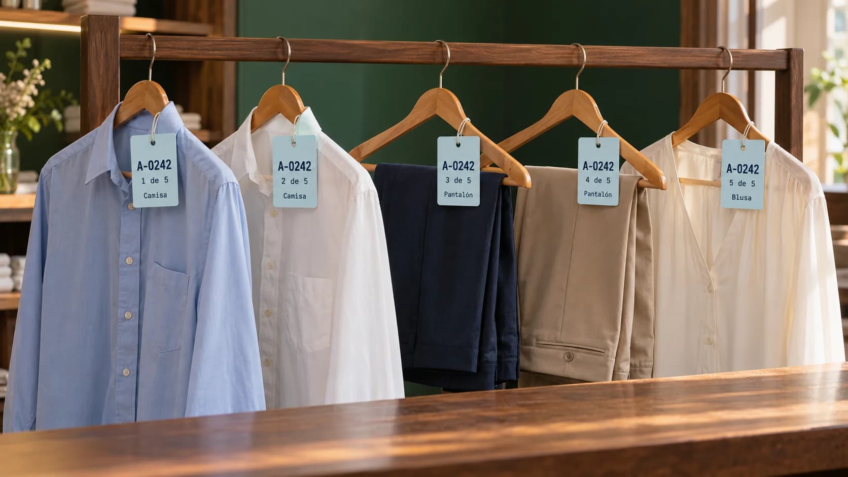 Cinco prendas en perchas con la referencia A-0242: camisa azul 1 de 5, camisa blanca 2 de 5, pantalón azul marino 3 de 5, pantalón beige 4 de 5 y blusa marfil 5 de 5.