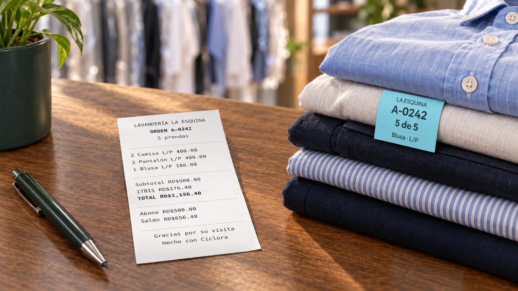 Recibo de A-0242: cinco prendas, total RD$1,156.40, abono RD$500 y saldo RD$656.40; etiqueta celeste sobre una blusa.