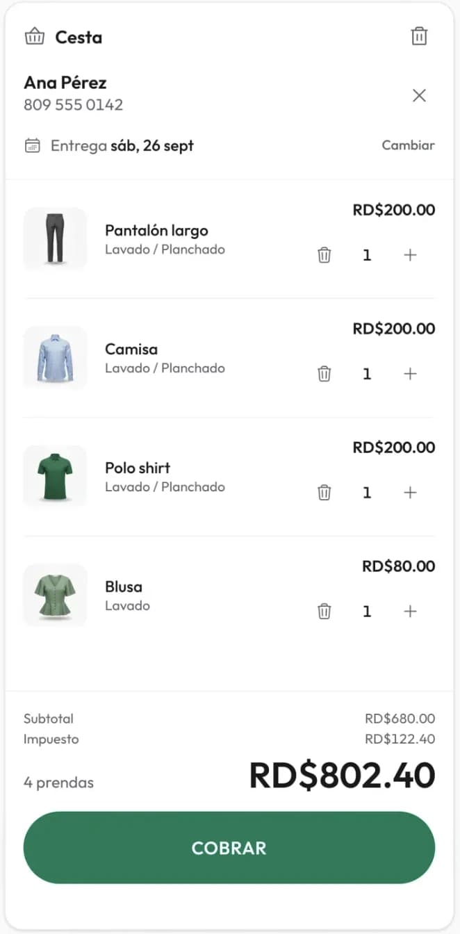 Cesta de demostración de Ciclora con cuatro prendas, subtotal RD$680.00, impuesto RD$122.40 y total RD$802.40