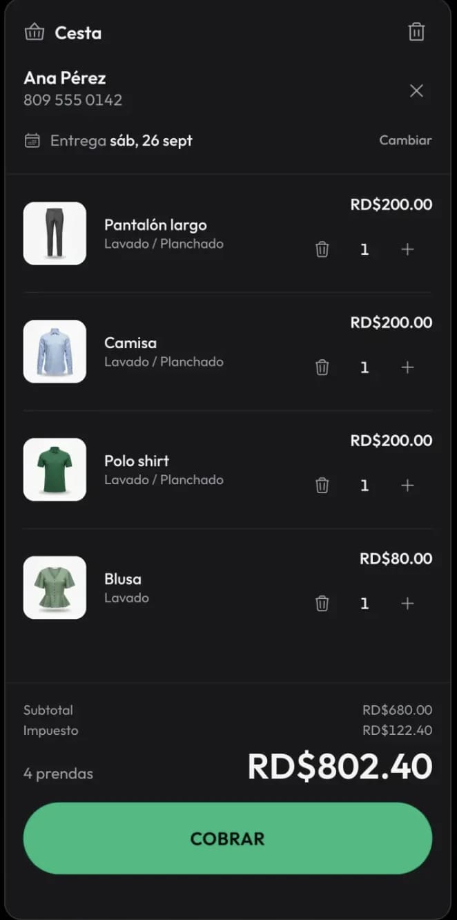 Cesta de demostración de Ciclora con cuatro prendas, subtotal RD$680.00, impuesto RD$122.40 y total RD$802.40