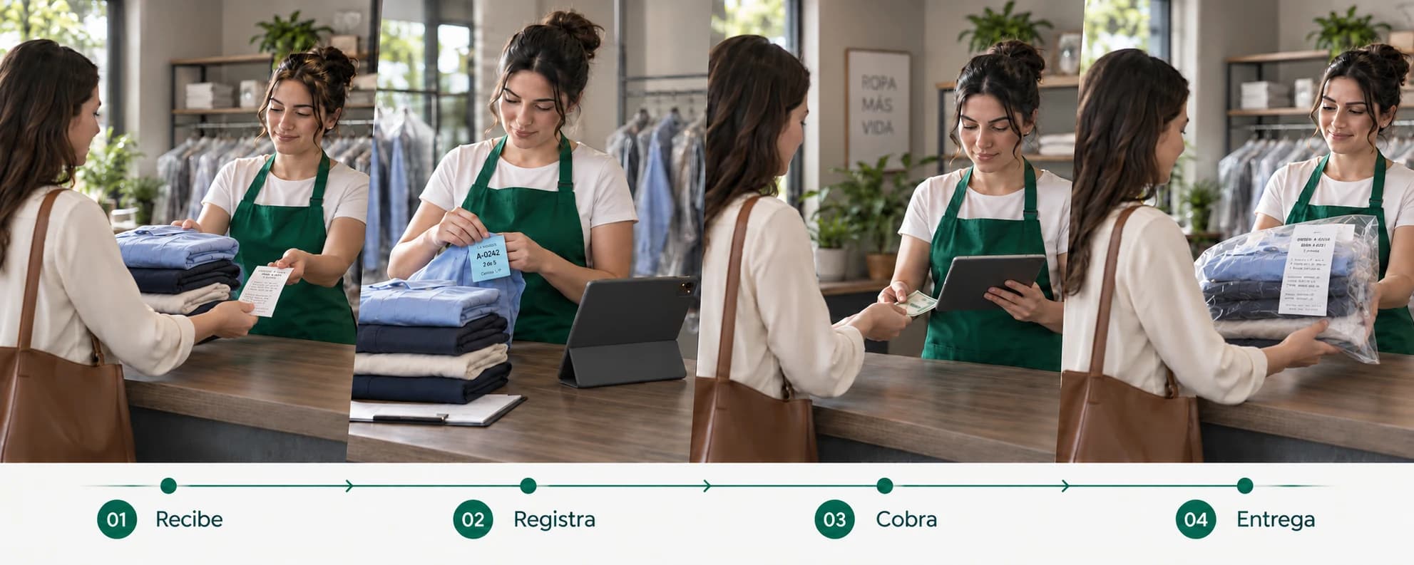 Cuatro escenas: recibir ropa y entregar recibo, colocar etiqueta, cobrar y entregar bolsa con recibo adjunto.