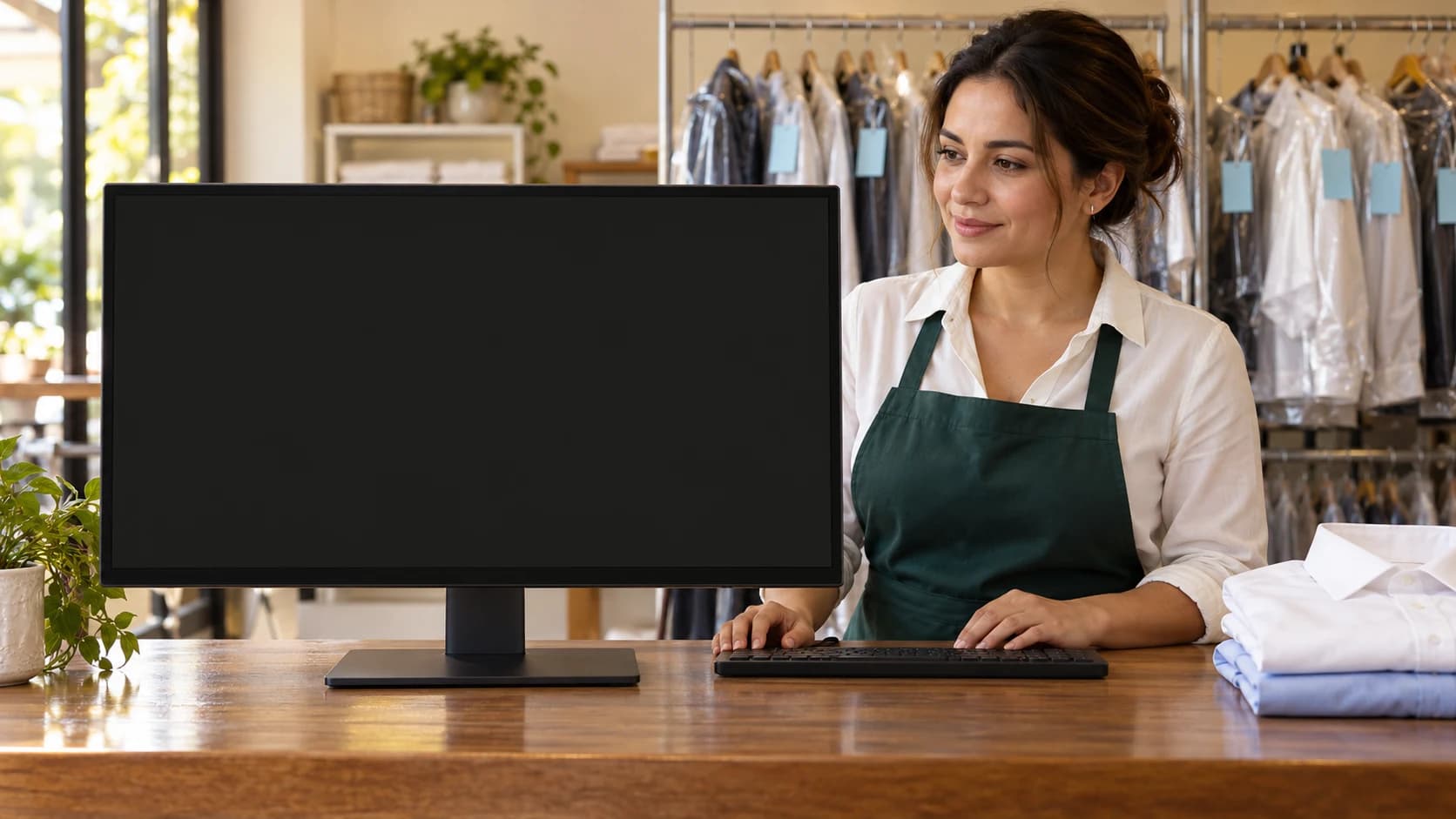 Escena ilustrativa de una encargada consultando un catálogo de prendas, servicios y precios de Ciclora en el mostrador.